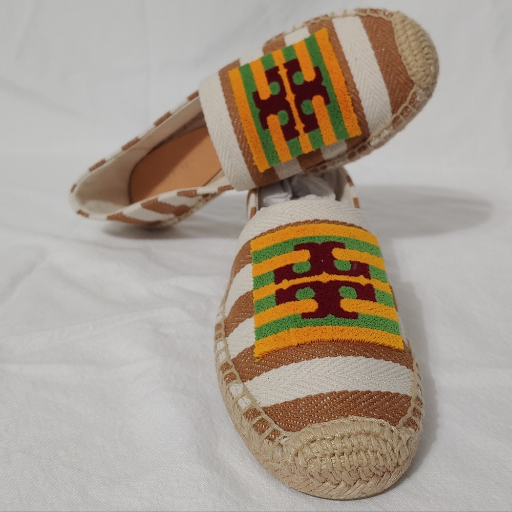 NWOT Tory Burch Double T Multicolor Striped Espadrille Flats Women Size 5.5